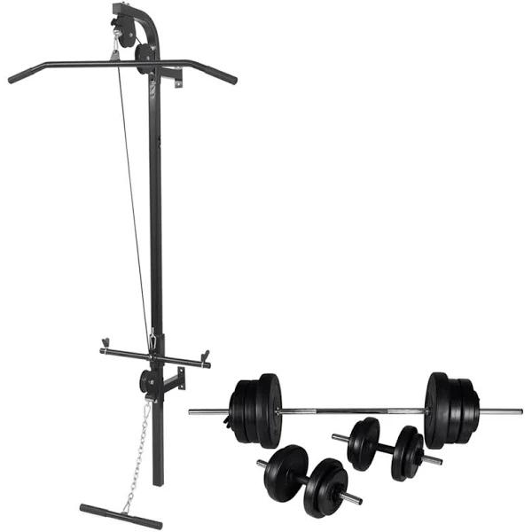 vidaXL Wall-mounted Power Tower with Barbell and Dumbbell Set - 60.5kg