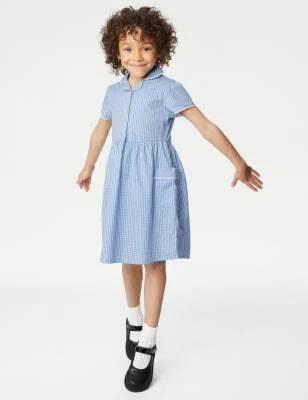 M&S Girls' Pure Cotton Gingham School Dress (2-14 yrs) - Light Blue - 10-11 Years