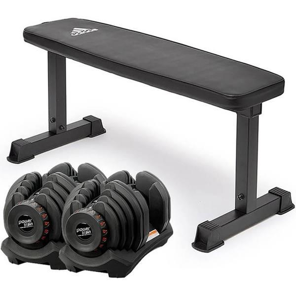 2x 40kg Powertrain Adjustable Dumbbells Home Gym w/10437 Adidas Bench