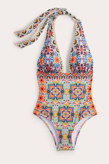 Multi, Tapestry Tile Merano Deep V-Neck Bikini Top Women Boden