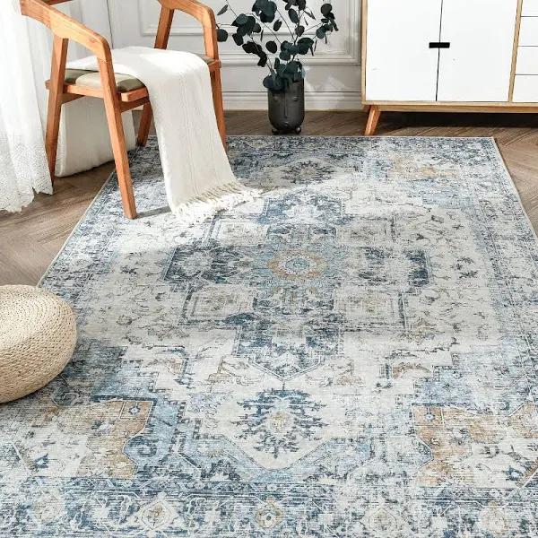 JINCHAN Rug 152x213cm Persian Carpet Indoor Vintage Rug Floor Mat Print Distressed Carpet Multi Thin Rug Blue Foldable Accent Rug Lightweight Non