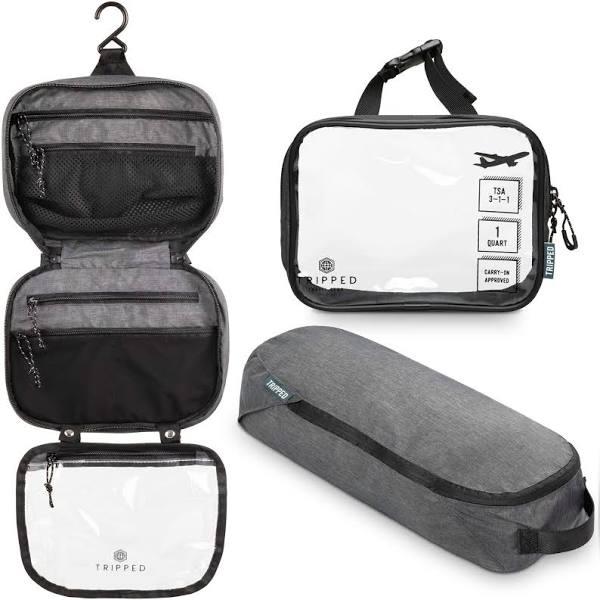 Toiletry Bag Kit Set: Hanging Travel Toiletry Bag + 311 TSA Cosmetic Liquid Bag + Ultralight Accessory Organizer Pouch Grey