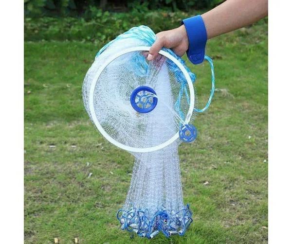 12ft Fishing Cast Net Quick Throw Mesh Nylon Drawstring Chain Bottom Spread