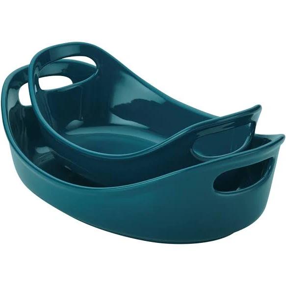 Rachael Ray Ceramics Bubble and Brown Oval Baker Set, 2-Piece, Marine Blue