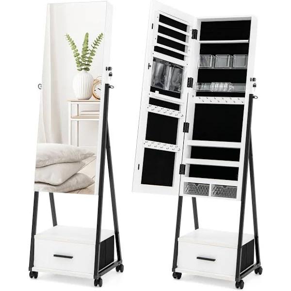 Giantex Mobile Mirror Jewelry Cabinet w/Full Length Mirror & Drawers Makeup Organizer Storage Cabinet White - AfterPay & zipPay Available