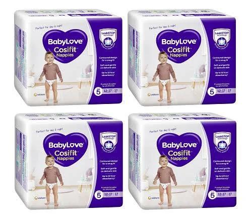 4 X Babylove Cosifit Nappies Convenience Walker 12-17kg Size 5 17