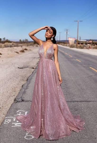 A&N Luxe Electra - Rose Gold Glitter A-Line Backless Plunge Neck Gown 8XL