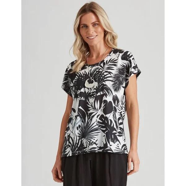 Millers Short Sleeve Printed Scoop Neck Slub Top - Size 16 - Womens - Mono Fern