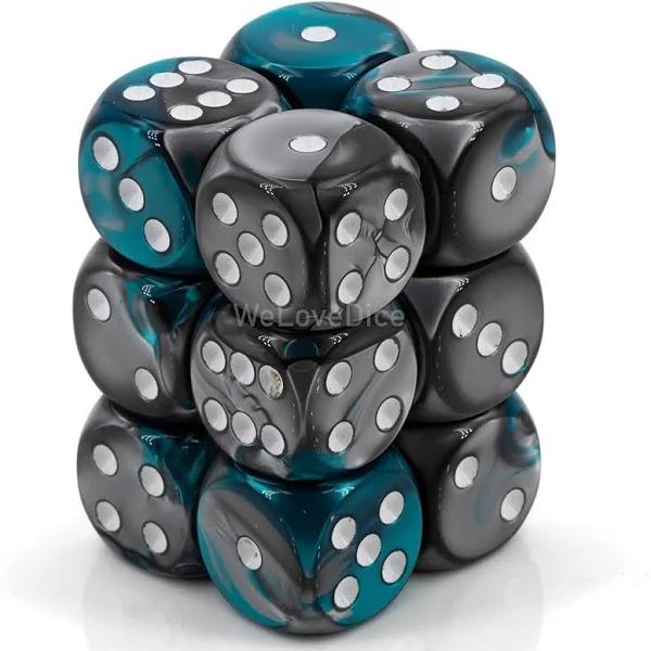 D6 Dice Gemini 16mm Steel-Teal/White (12 Dice in Display)