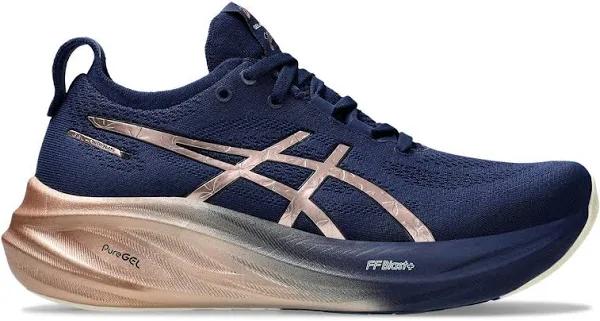 ASICS Gel Nimbus 26 Platinum Womens Running Shoes Blue/Gold US 8.5