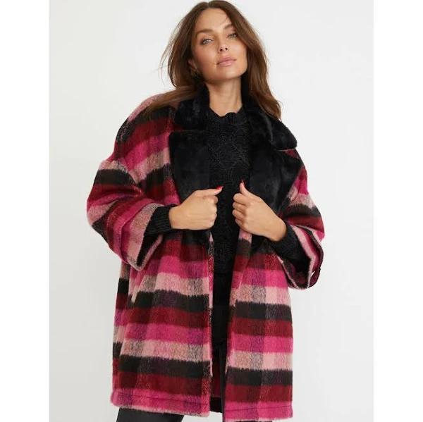 Rockmans 7/8 Sleeve Faux Fur Trim Swing Coat - Size 12 - Womens - Pink Check