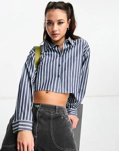 Cotton:On Cropped Dad Shirt in Navy stripe-Green