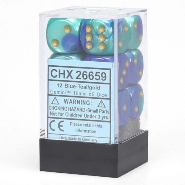 Chessex-Gemini Blue Teal with Gold 16mm (12) D6