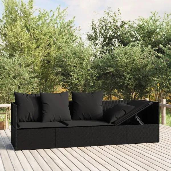 vidaXL Outdoor Lounge Bed with Cushions Black Poly Rattan