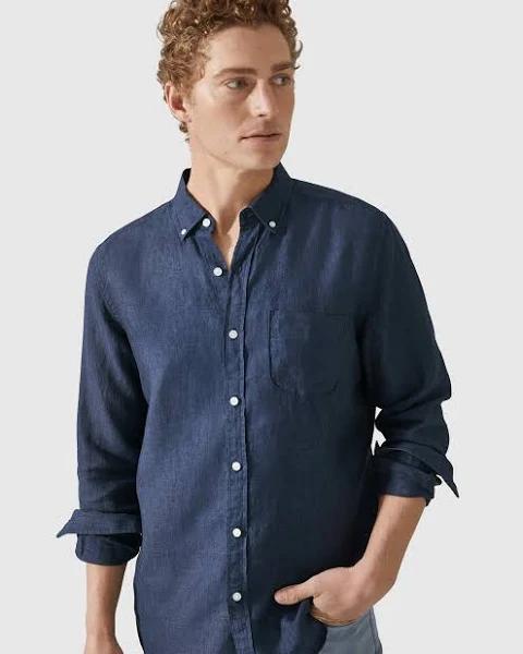 Trenery Regular Fit Delave Linen Long Sleeve Shirt in French Navy Large French Navy AU499706