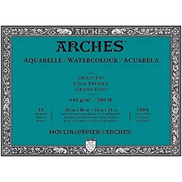 Arches Aquarelle Pad of 10 Sheets 26 x 36 cm Glued 4 Sides 640 g/m Satin Grain, Natural White, 4 Free Edges