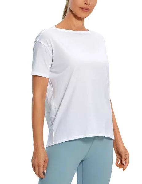 CRZ Yoga Women's Yoga Loose Fit Pima Cotton Short Sleeves Boat Neck White / S