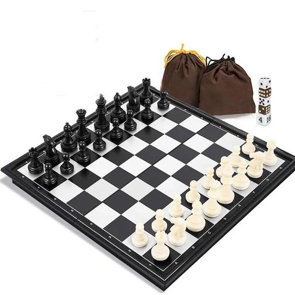 Travel Chess Set For Kids and Adults, Joneytech 3 in 1 Magnetic Chess Board For 3D Chess Checkers Backgammon Game Set 9.8‘‘ with Storage Bag, Portable