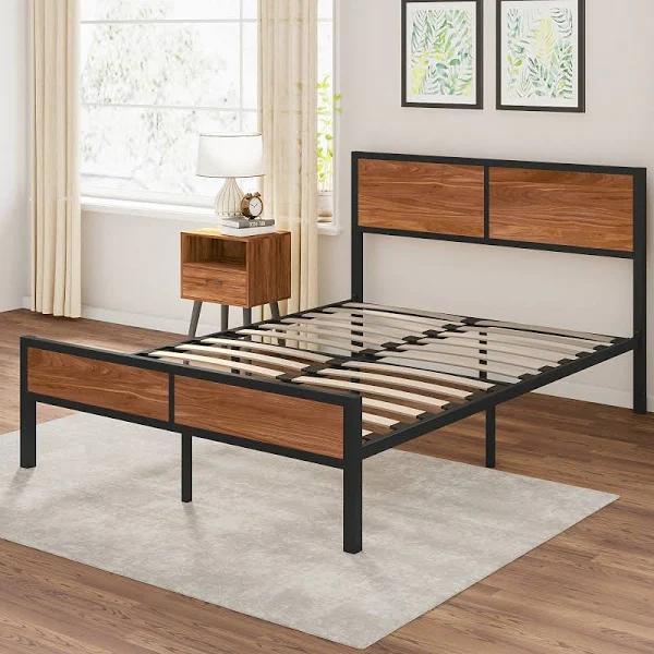 Advwin Metal Bed Frame Double Size Industrial Platform Bed Base With Wooden Headboard