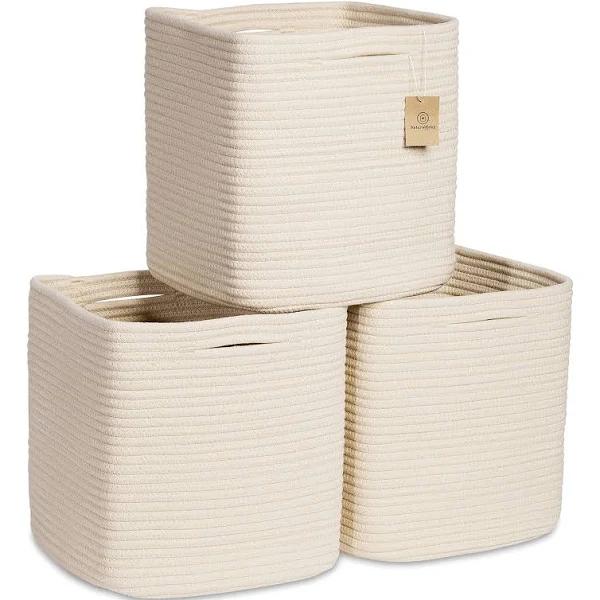 NaturalCozy Storage Cubes 11 Inch Cotton Rope Woven Baskets for Organizing, 3-Pack | Cube Storage Bin | Square Storage Baskets for Shelves Organizer