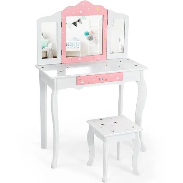 Giantex Kids Vanity Table & Stool Set Makeup Dressing Table Pretend Play Vanity Set Writing Desk