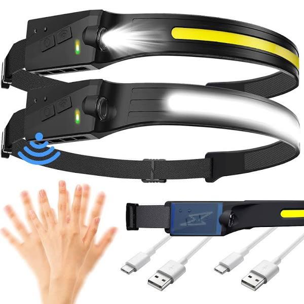 Led Headlamp, 2 Pack Rechargeable Head Lamp Flashlight Motion Sensor, Flex Pro Lightbar 270° Wide Beam Bright Headband, Cob XPE Lightweight