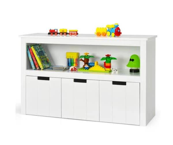 Costway Wooden Kids Toy Box Chest Children Storage Cabinet Toy Organiser Display Shelf w/3-Drawer & Built-in Wheels