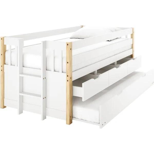 Kiki Solid Pine Bed With Trundle & Storage - White and Natural