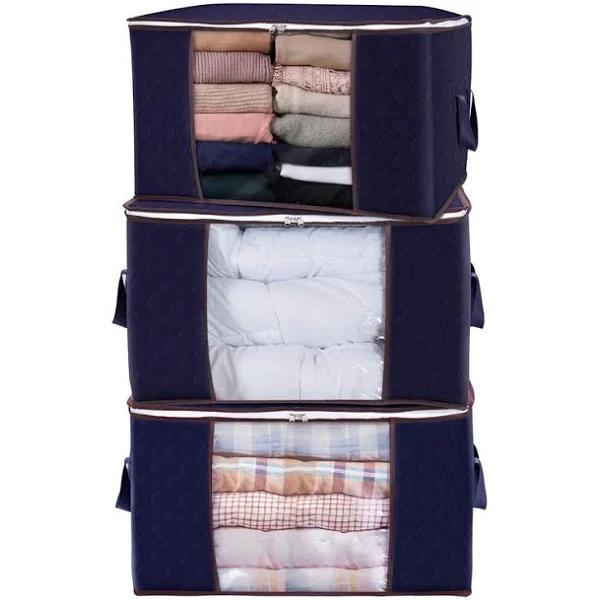 Bestier 3 PackLarge Capacity Clothes Storage Bag Organizer with Reinforced Handle for Comforters Blankets Foldable with Sturdy Zipper DarkBlue - 60*43