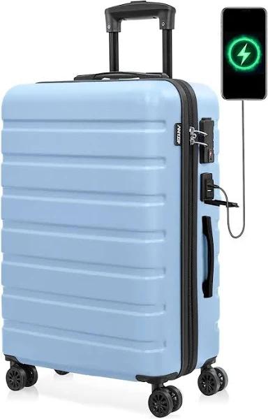 AnyZip Suitcase Hardside PC ABS Lightweight USB Luggage with Wheels TSA Lock Checked-Large 28 Inch Light Blue