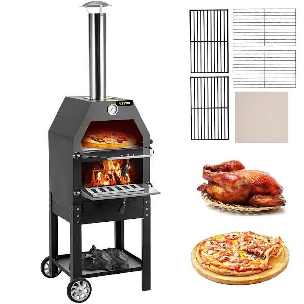 VEVOR Outdoor Pizza Oven 12" Wood Fire Oven 2-Layer Pizza Oven Wood Fired Wood Burning Outdoor Pizza Oven with 2 Removable Wheels Wood Fired Pizza