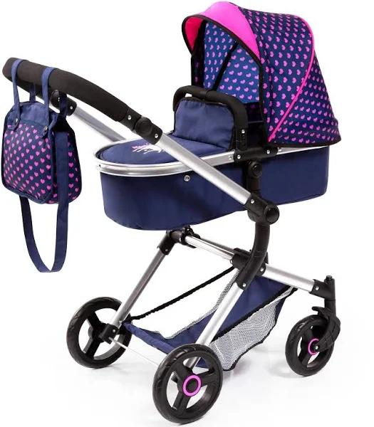 Bayer Vario Doll Pram Dark Blue With Pink Hearts & Unicorn