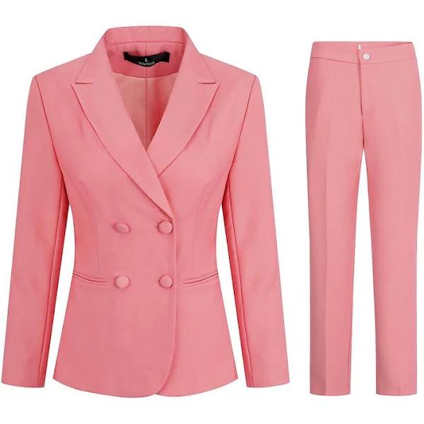 Yunclos Women's 2 Piece Slim Fit Work Suit Set Blazer and Pants Pink 2XL