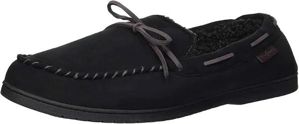 Dearfoams Mens Toby Microsuede Moccasin With Whipstitch & Tie Slippers Black 13-14 US or XLarge