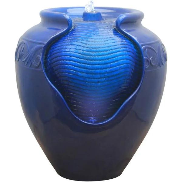 Teamson Home 16.93" Outdoor Glazed Pot Fountain with LED Lights, Royal Blue