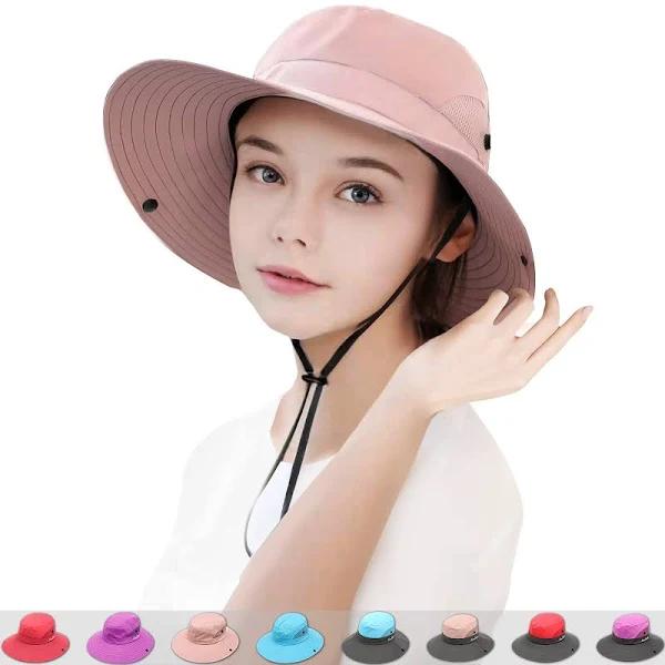 Girls/Kids Bucket Sun Hat with Wide Brim & Ponytail Hole, UPF 50 Sun Protection Kid Bucket Hat with Chin Strap Adjustable for Swim Tennis Running