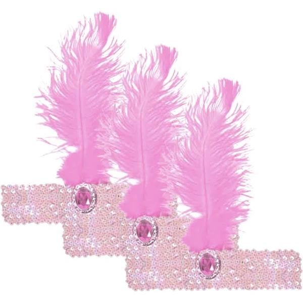 3x 1920s Flapper Headband Headpiece Feather Sequin Charleston Costume Gatsby - Light Pink