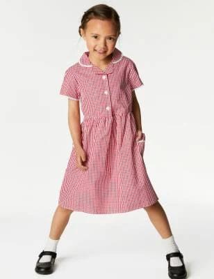 M&S Girls' Pure Cotton Gingham School Dress (2-14 yrs) - Red - 10-11 Years