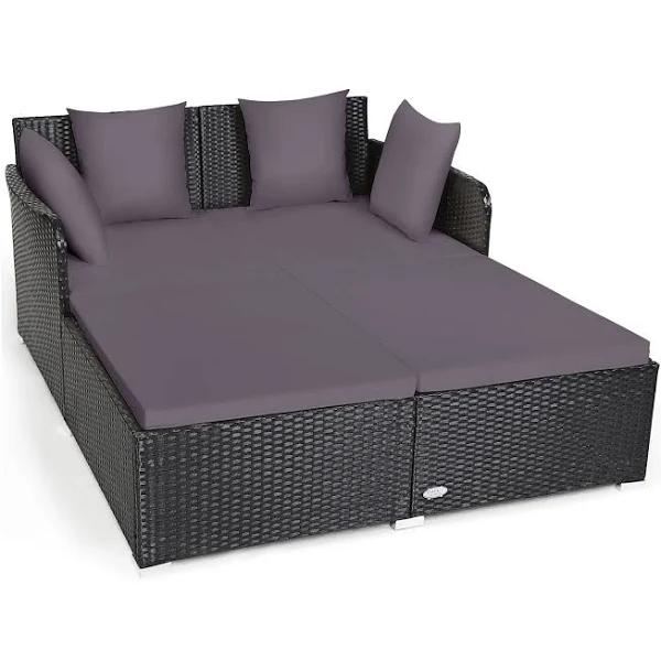 Costway Outdoor Patio Rattan Daybed Pillows Cushioned Sofa Furniture