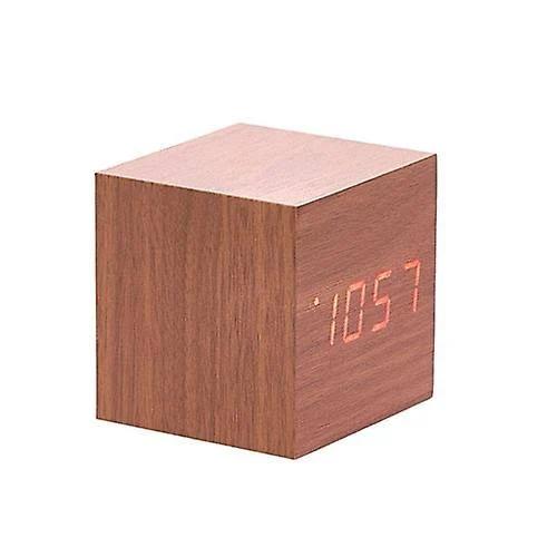 LED Wooden Cube Desk Clock w/ Temp/Date Display - Brown