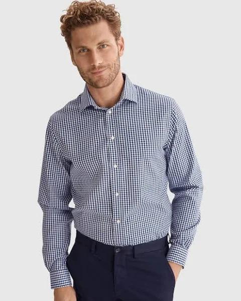 Country Road Men's Regular Fit Gingham Travel Shirt Navy in Size 46/2XL | 100% Cotton