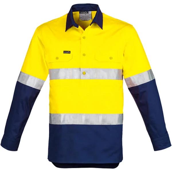 Syzmik Mens Hi Vis Closed Front L/S Shirt - Hoop Taped (ZW550) S / Yellow/Navy