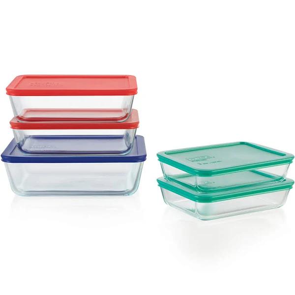 Pyrex 1136617 Simply Store Rectangular Glass Food Containers With BPA Free Plastic Multi Coloured Lids, 10 Piece Set