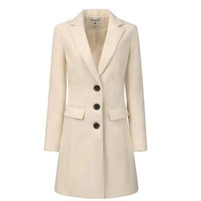 Notched Lapel Single Breasted Outwear Winter Pea Coat, Cream White / 2XL