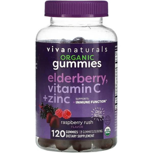 Viva Naturals, Organic Elderberry, Vitamin C + Zinc, Raspberry Rush, 120 Gummies