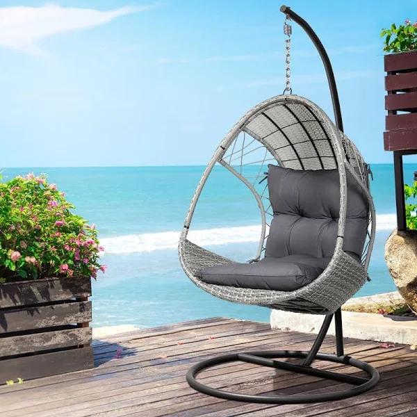 Gardeon Outdoor Egg Swing Chair with Stand Cushion Wicker Armrest Light Grey