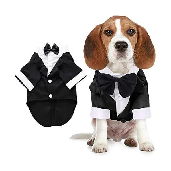 Dog Shirt Puppy Clothes, Pet Wedding Suit Formal Tuxedo with Black Bow Tie, Dog Outfit For Small Medium Dogs Cats, Dog Weding Attire Dress Up