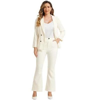 2 Pieces Notched Lapel Double Breasted Blazer and Bell Bottom Pants Business Work Suit Set, Beige / XS