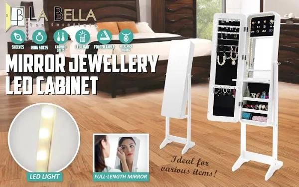 La Bella White Mirror Jewellery Cabinet Flashy 146cm Organiser Led