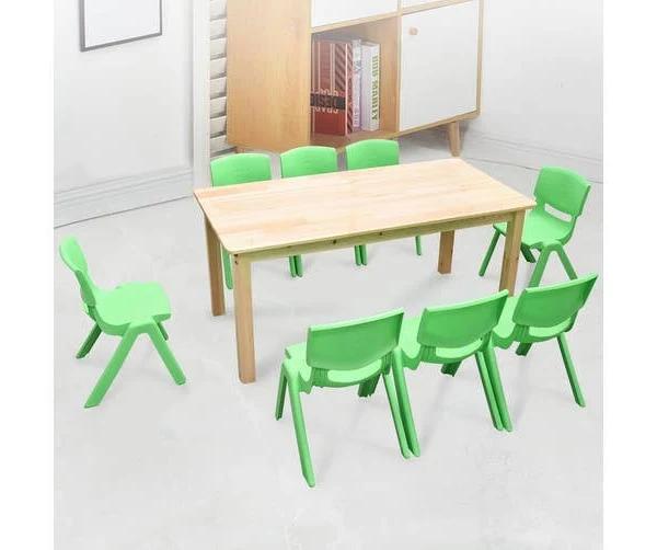 120x60cm Wooden Timber Pinewood Kids Study Table & 8 Green Plastic Chairs Set